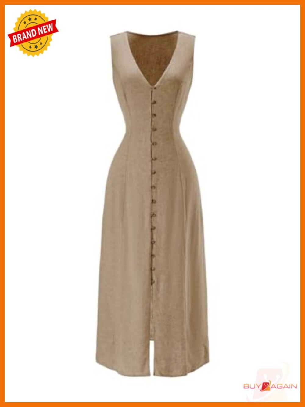 Fitted V Neck Button Down Maxi Dress Sleeveless Split Hem Tie Back